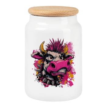 Punk Kuh – Wild and Rebellious - Cookie Jar with Wooden Lid - white - Front