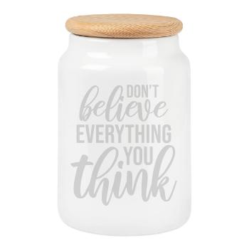Don't Believe Everything You Think Spruch Weisheit - Keksdose mit Holzdeckel - Weiß - Vorne