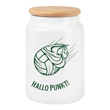 Nous accueillons notre premier point - Boîte à biscuits avec couvercle en bois - blanc - Devant