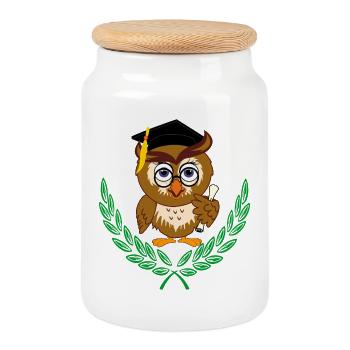 Owl with Diploma and Graduation Hat – Children's Diploma - Cookie Jar with Wooden Lid - white - Front