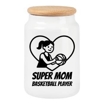 Super Mama Basketballerin – Herz Design - Keksdose mit Holzdeckel - Weiß - Vorne