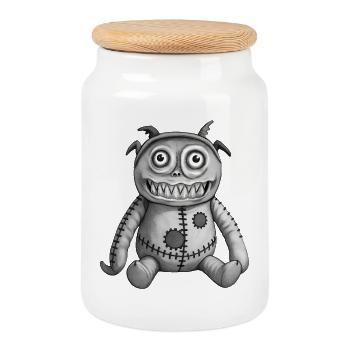 MONSTER DOLL #7 [Black & White] - Cookie Jar with Wooden Lid - white - Front