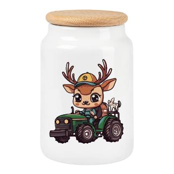 Deer Tractor Farmer - Cookie Jar with Wooden Lid - white - Front