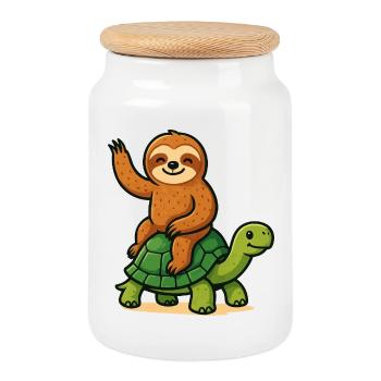 Paresseux drôle sur la tortue - Boîte à biscuits avec couvercle en bois - blanc - Devant