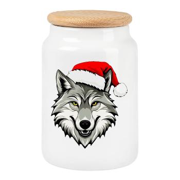 Christmas Wolf - Cookie Jar with Wooden Lid - white - Front