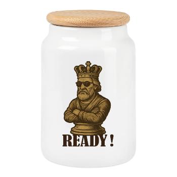 Chess King READY in vintage look - Cookie Jar with Wooden Lid - white - Front
