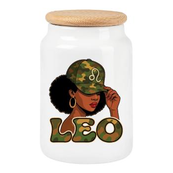 Leo Queen – Camo Afro Girl Royal Vibes - Keksdose mit Holzdeckel - Weiß - Vorne
