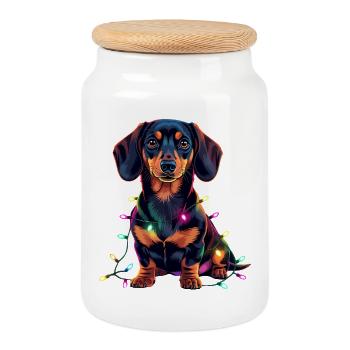 Teckel Chien drôle de Noël avec des guirlandes lumineuses - Boîte à biscuits avec couvercle en bois - blanc - Devant