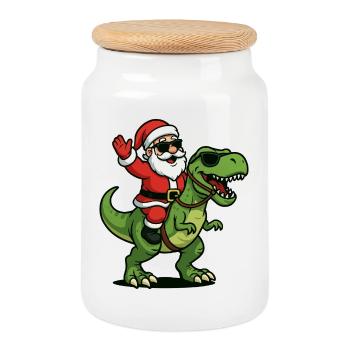 Weihnachts T Rex mit Santa Swag - Keksdose mit Holzdeckel - Weiß - Vorne