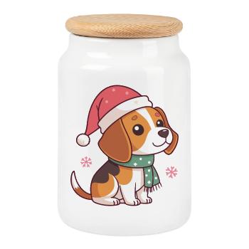 Festliche Beagle-warme Weihnachtsmütze - Keksdose mit Holzdeckel - Weiß - Vorne