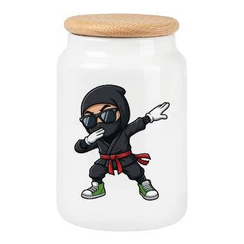 Dessin animé drôle de ninja dab - Boîte à biscuits avec couvercle en bois - blanc - Devant