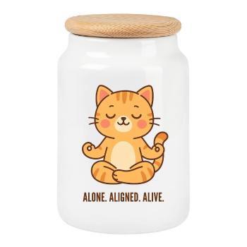 Allein ausgerichtet, lebendige meditierende Katze - Keksdose mit Holzdeckel - Weiß - Vorne