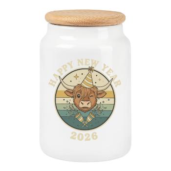 Chapeau drôle de fête du Nouvel An 2026 de la vache Highland - Boîte à biscuits avec couvercle en bois - blanc - Devant