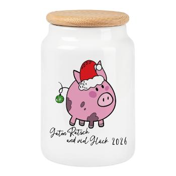 Petit cochon chanceux du Nouvel An - Boîte à biscuits avec couvercle en bois - blanc - Devant