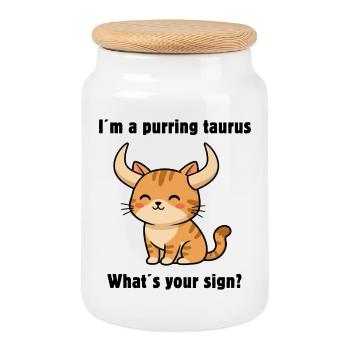 Cute Taurus Cat – Strong Zodiac Sign Motif - Cookie Jar with Wooden Lid - white - Front