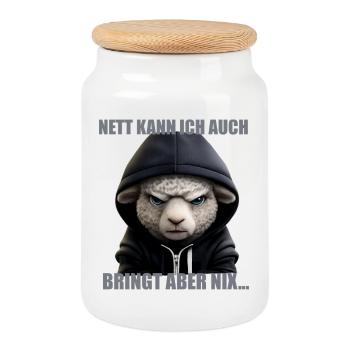 Nett kann ich auch – Bring nix - Keksdose mit Holzdeckel - Weiß - Vorne
