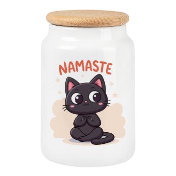 Zen-Katze Namaste - Keksdose mit Holzdeckel - Weiß - Vorne