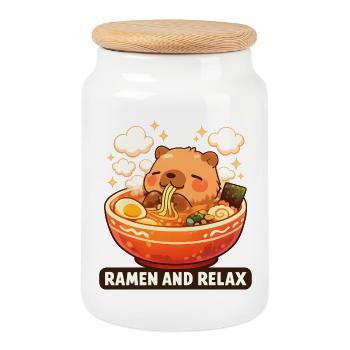 Ramen au capybara et détendez-vous - Boîte à biscuits avec couvercle en bois - blanc - Devant
