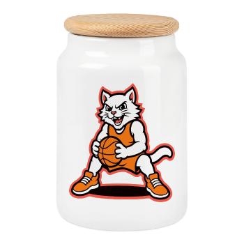 Mascotte du ballon de basket-ball Wildcat - Boîte à biscuits avec couvercle en bois - blanc - Devant