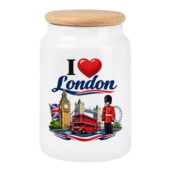 I Love London – Ikonische britische Ikonen - Keksdose mit Holzdeckel - Weiß - Vorne