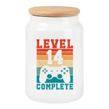 14. Geburtstag Level 14 Complete 14 Jahre Gamer  - Keksdose mit Holzdeckel - Weiß - Vorne