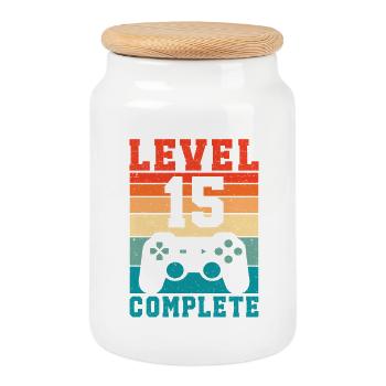 15. Geburtstag Level 15 Complete 15 Jahre Gamer  - Keksdose mit Holzdeckel - Weiß - Vorne