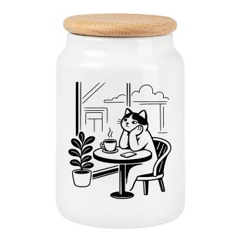 Café des chats attentionné - Boîte à biscuits avec couvercle en bois - blanc - Devant