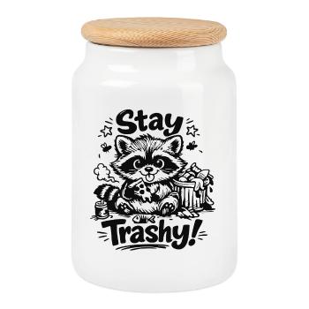 Stay Trashy Raccoon Doodle Motif - Cookie Jar with Wooden Lid - white - Front