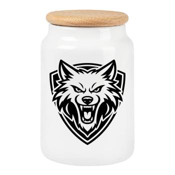 Blason de tête de loup - Boîte à biscuits avec couvercle en bois - blanc - Devant