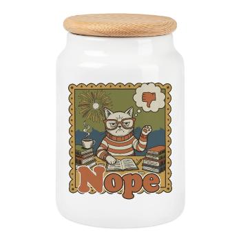 Nope Cat: Retro Nerd Desk Art - Cookie Jar with Wooden Lid - white - Front