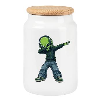 Dabbing Alien – Funny Sci-Fi Cartoon Motif - Cookie Jar with Wooden Lid - white - Front