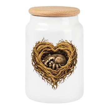 Sleeping raccoon in the root heart – forest motif - Cookie Jar with Wooden Lid - white - Front