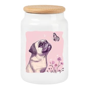 Mops mit Schmetterling - Keksdose mit Holzdeckel - Weiß - Vorne