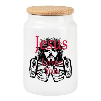 Jesus Loves You – Faith Statement Art Design - Cookie Jar with Wooden Lid - white - Front