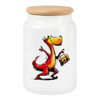 Cool Music Dino with Retro Boombox - Cookie Jar with Wooden Lid - white - Front