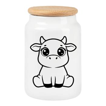 Süßes Kalb Baby Kuh Sitzend Kawaii - Keksdose mit Holzdeckel - Weiß - Vorne