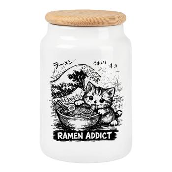 Kawaii Cats Ramen Noodles Japan Retro Ukiyo-E - Cookie Jar with Wooden Lid - white - Front
