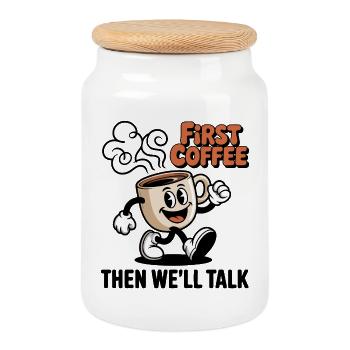 Première tasse de dessin animé Coffee - Boîte à biscuits avec couvercle en bois - blanc - Devant