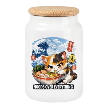 Japan Katze Ramen Nudel Retro Welle Motiv - Keksdose mit Holzdeckel - Weiß - Vorne