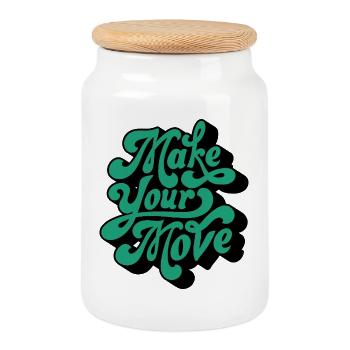 Make Your Move – Retro Script Motif - Cookie Jar with Wooden Lid - white - Front