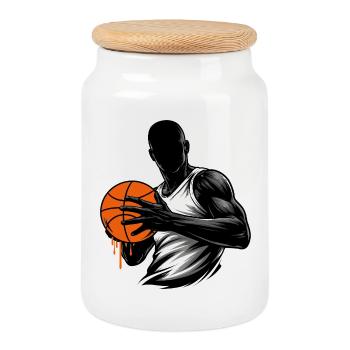 Joueur de basket avec balle - Boîte à biscuits avec couvercle en bois - blanc - Devant