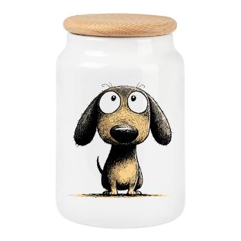Kulleraugen Dackel Hund Cartoon Art - Keksdose mit Holzdeckel - Weiß - Vorne