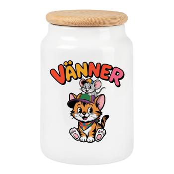 Amis et amis pour toujours – Chat et souris mignons - Boîte à biscuits avec couvercle en bois - blanc - Devant