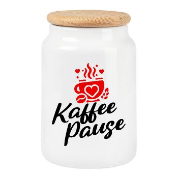 Kaffee Pause - Kaffeebecher mit Herzmotiv - Keksdose mit Holzdeckel - Weiß - Vorne