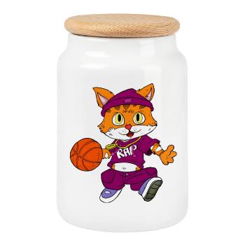 Katzen Basketball / Hip Hop Kätzchen - Keksdose mit Holzdeckel - Weiß - Vorne