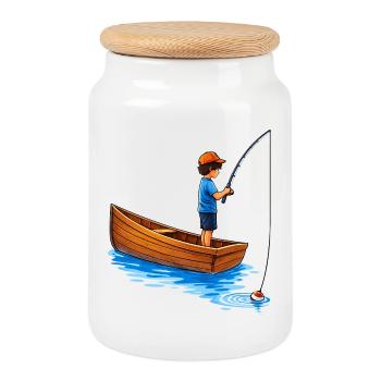 Illustration de garçon pêchant en bateau - Boîte à biscuits avec couvercle en bois - blanc - Devant