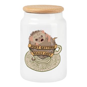 Cuddly hedgehog in teacup - Cookie Jar with Wooden Lid - white - Front