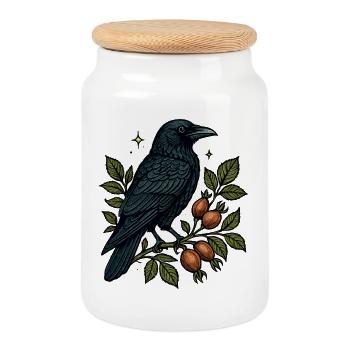 Night crow on berry vine - Cookie Jar with Wooden Lid - white - Front