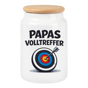 Papas Volltreffer Baby Dart Geschenk - Keksdose mit Holzdeckel - Weiß - Vorne
