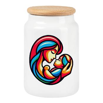 Colorful Mother-Child Harmony - Cookie Jar with Wooden Lid - white - Front